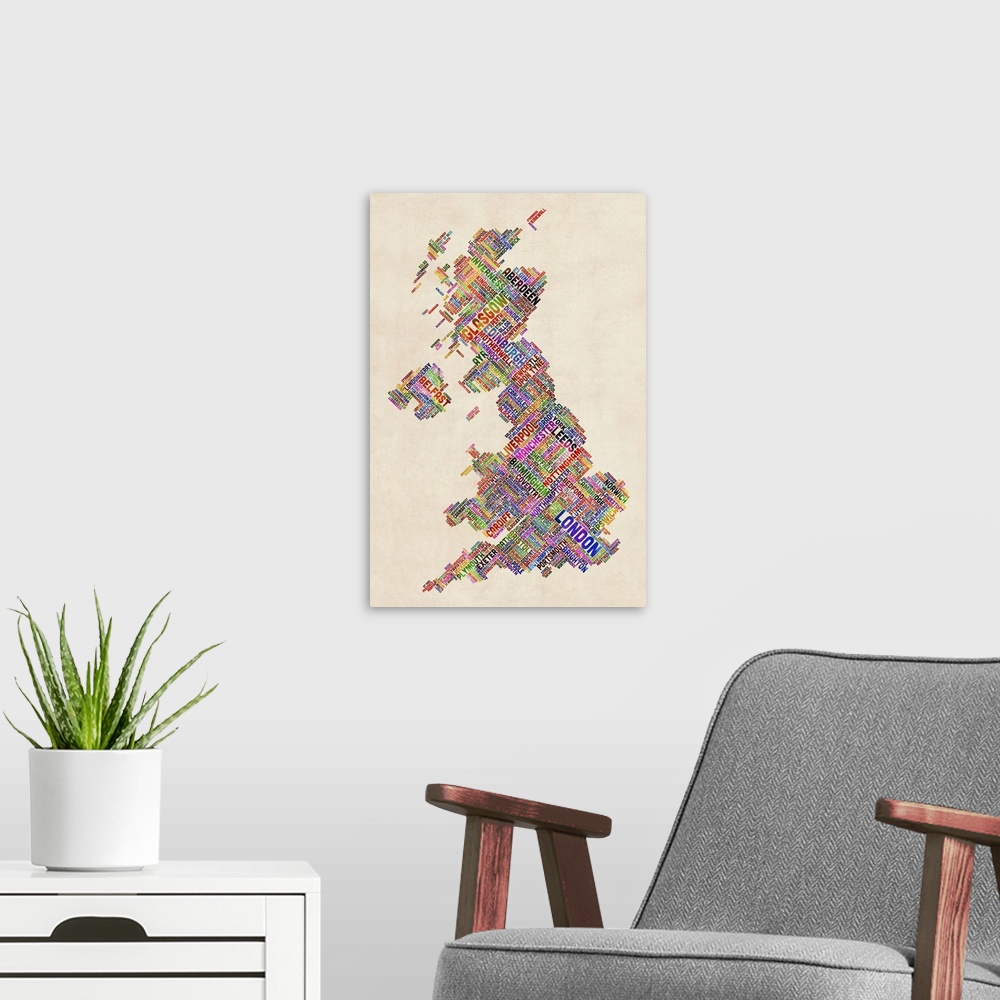 A modern room featuring Great Britain UK City Text Map, Diagonal Text, Colorful
