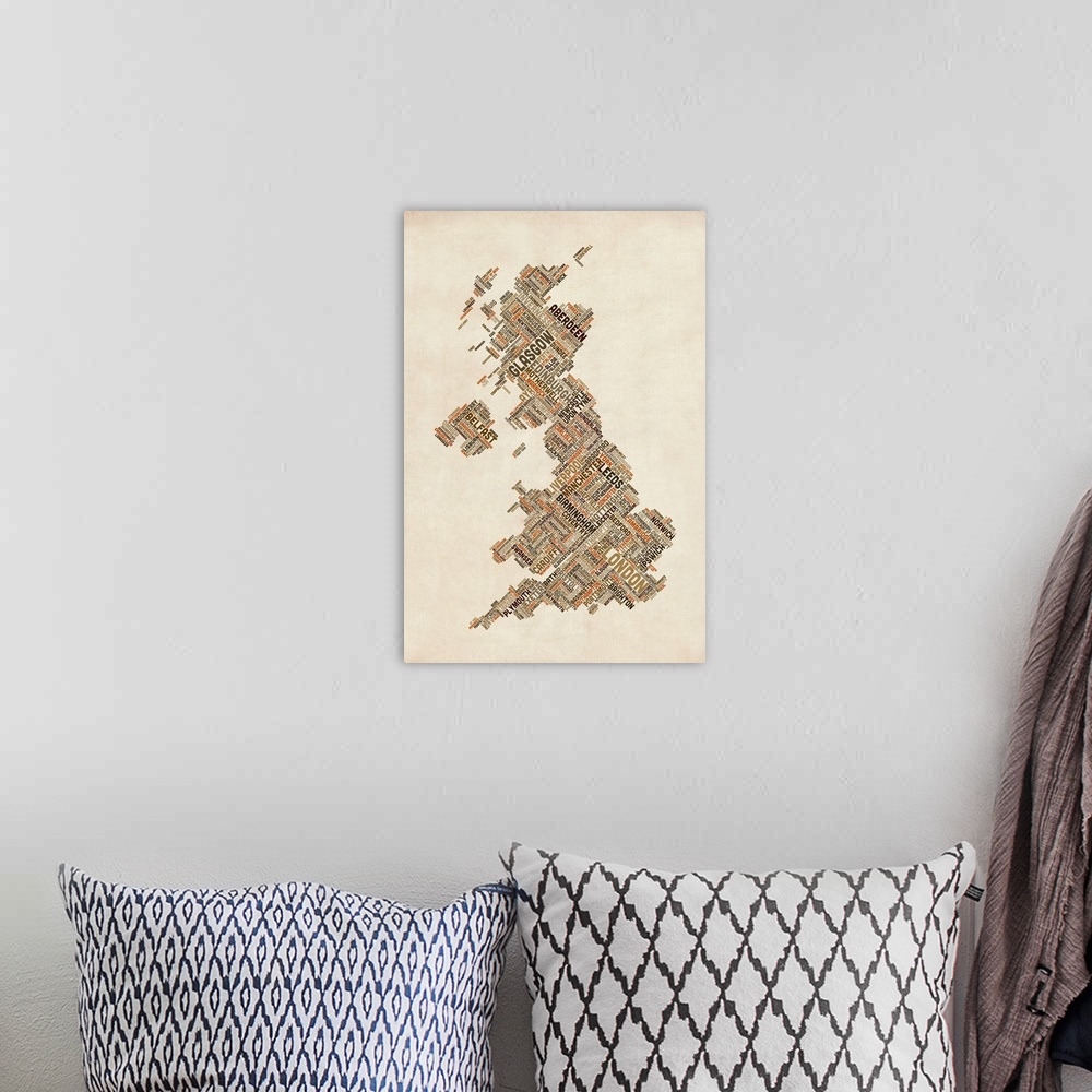 A bohemian room featuring Great Britain UK City Text Map, Diagonal Text, Earth Tones