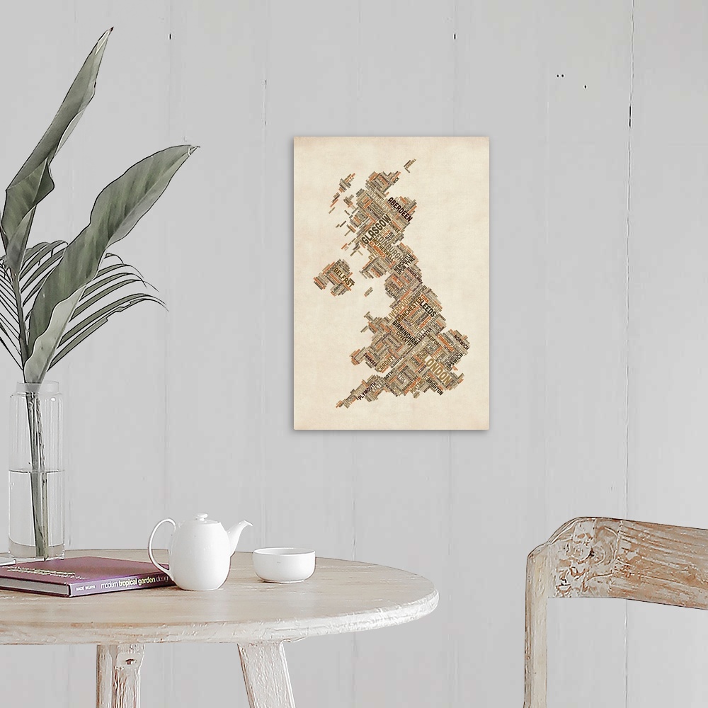 A farmhouse room featuring Great Britain UK City Text Map, Diagonal Text, Earth Tones