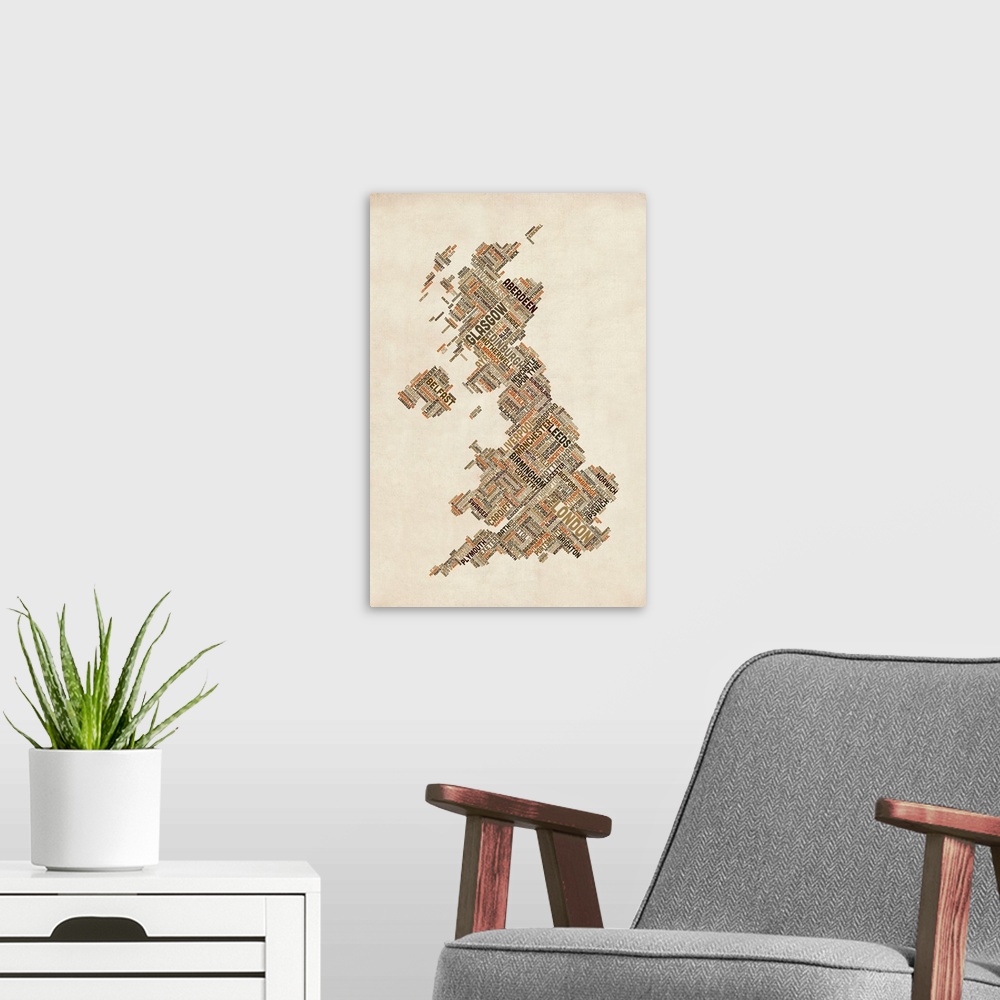 A modern room featuring Great Britain UK City Text Map, Diagonal Text, Earth Tones