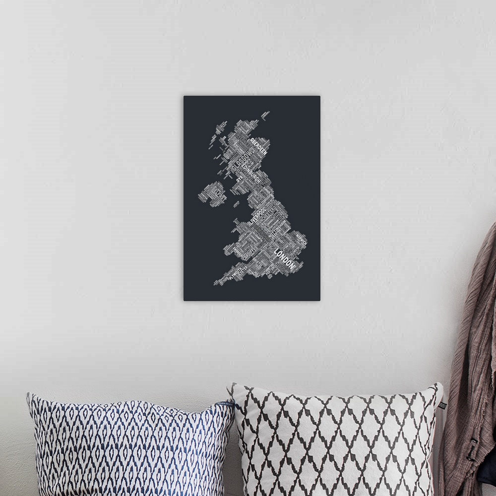 A bohemian room featuring Great Britain UK City Text Map, Diagonal Text, Grayscale