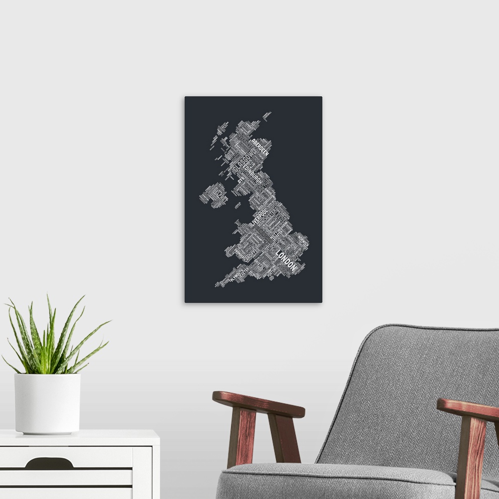 A modern room featuring Great Britain UK City Text Map, Diagonal Text, Grayscale