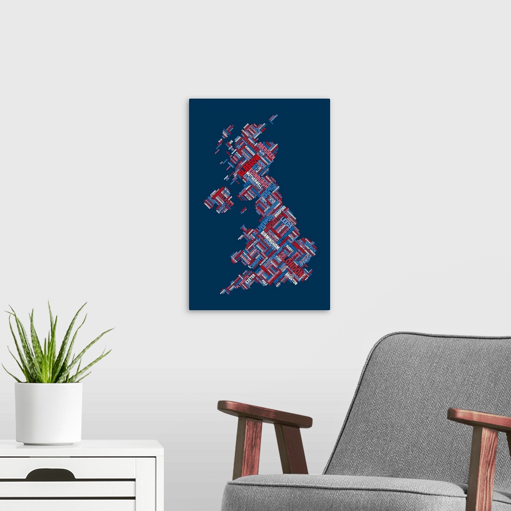 A modern room featuring Great Britain UK City Text Map, Diagonal Text, Red White and Blue