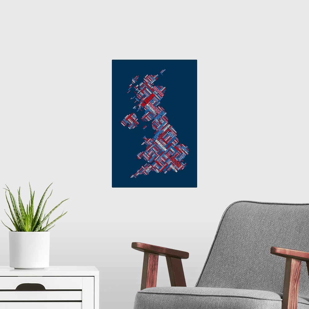 A modern room featuring Great Britain UK City Text Map, Diagonal Text, Red White and Blue