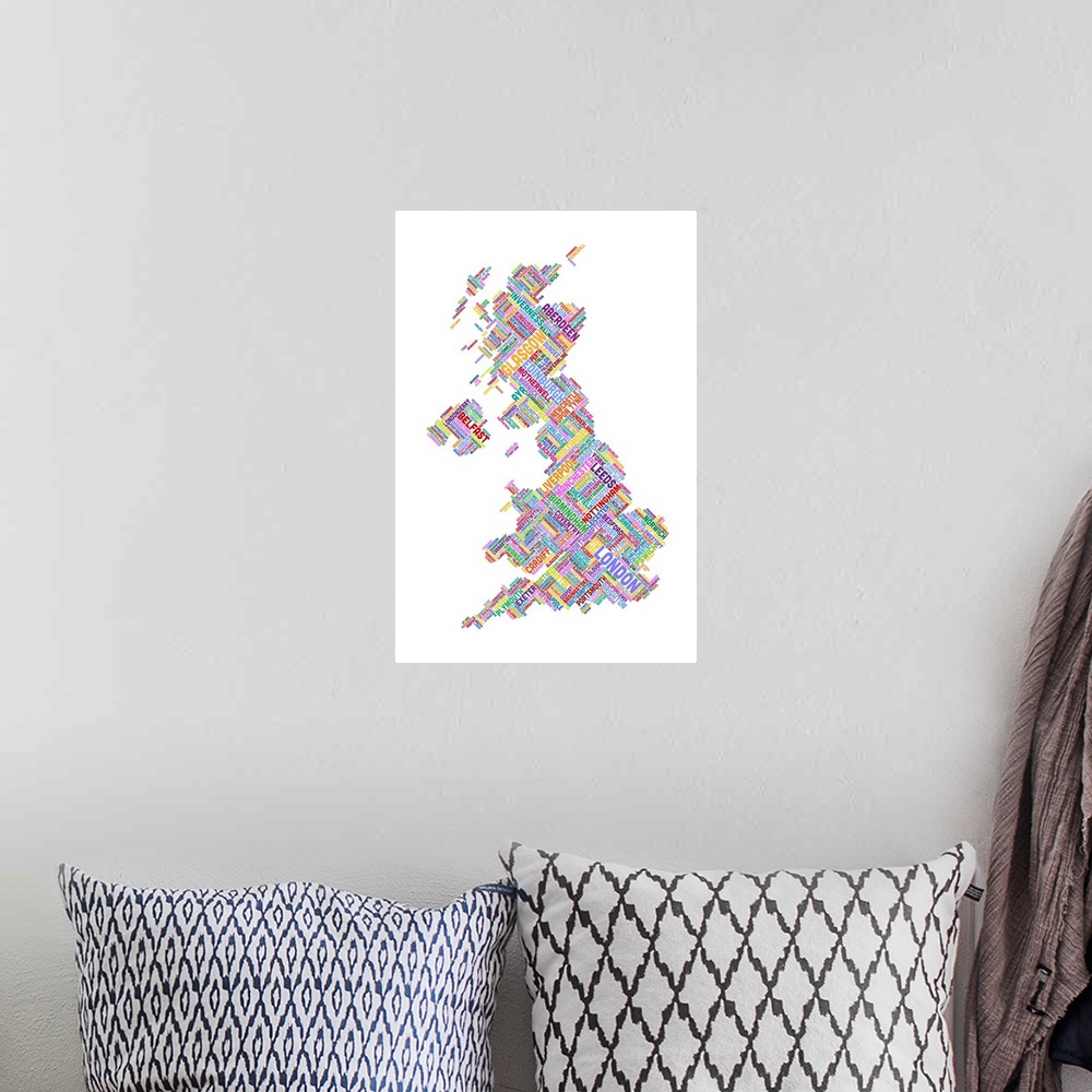 A bohemian room featuring Great Britain UK City Text Map, Diagonal Text, White Background