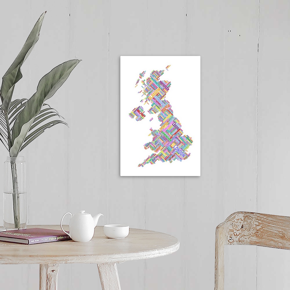 A farmhouse room featuring Great Britain UK City Text Map, Diagonal Text, White Background