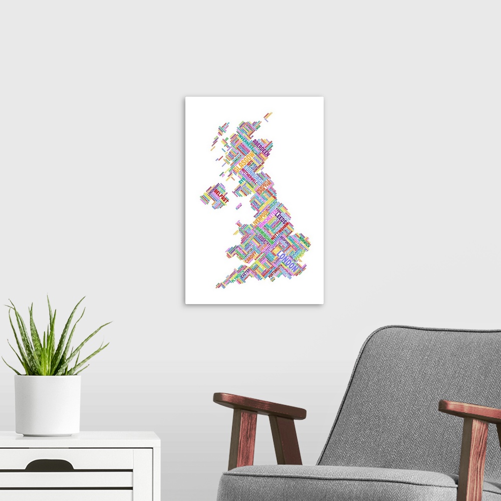 A modern room featuring Great Britain UK City Text Map, Diagonal Text, White Background