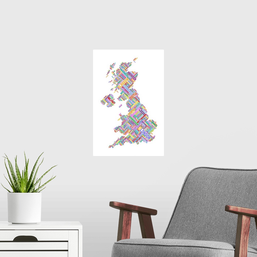 A modern room featuring Great Britain UK City Text Map, Diagonal Text, White Background