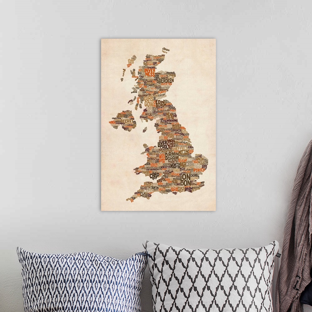 A bohemian room featuring Great Britain UK City Text Map, Earth Tones