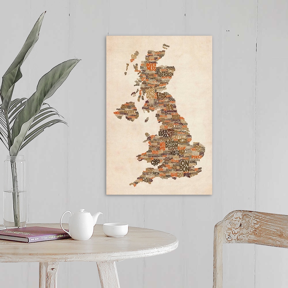 A farmhouse room featuring Great Britain UK City Text Map, Earth Tones