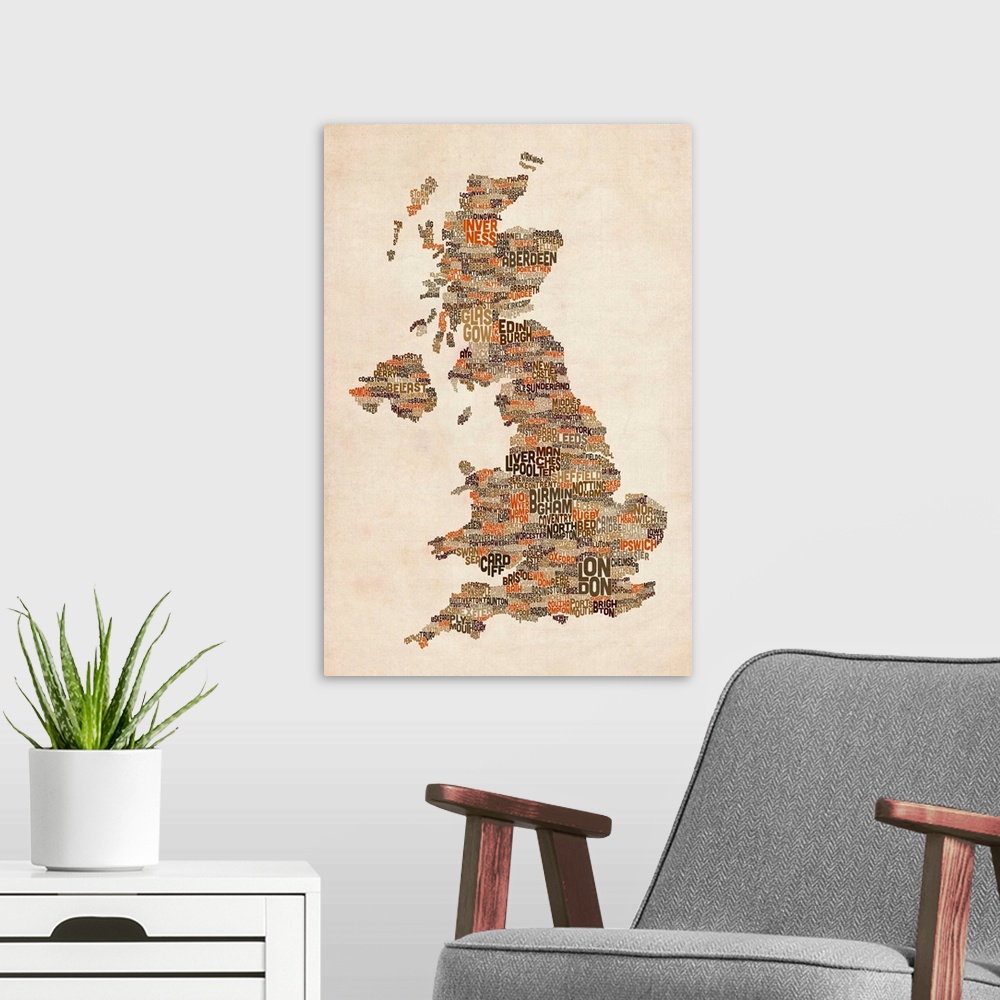 A modern room featuring Great Britain UK City Text Map, Earth Tones