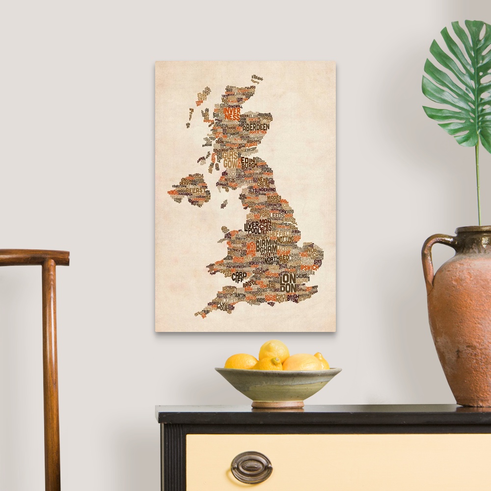 A traditional room featuring Great Britain UK City Text Map, Earth Tones