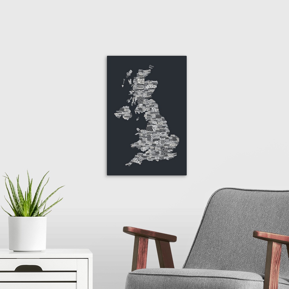 A modern room featuring Great Britain UK City Text Map, Grayscale