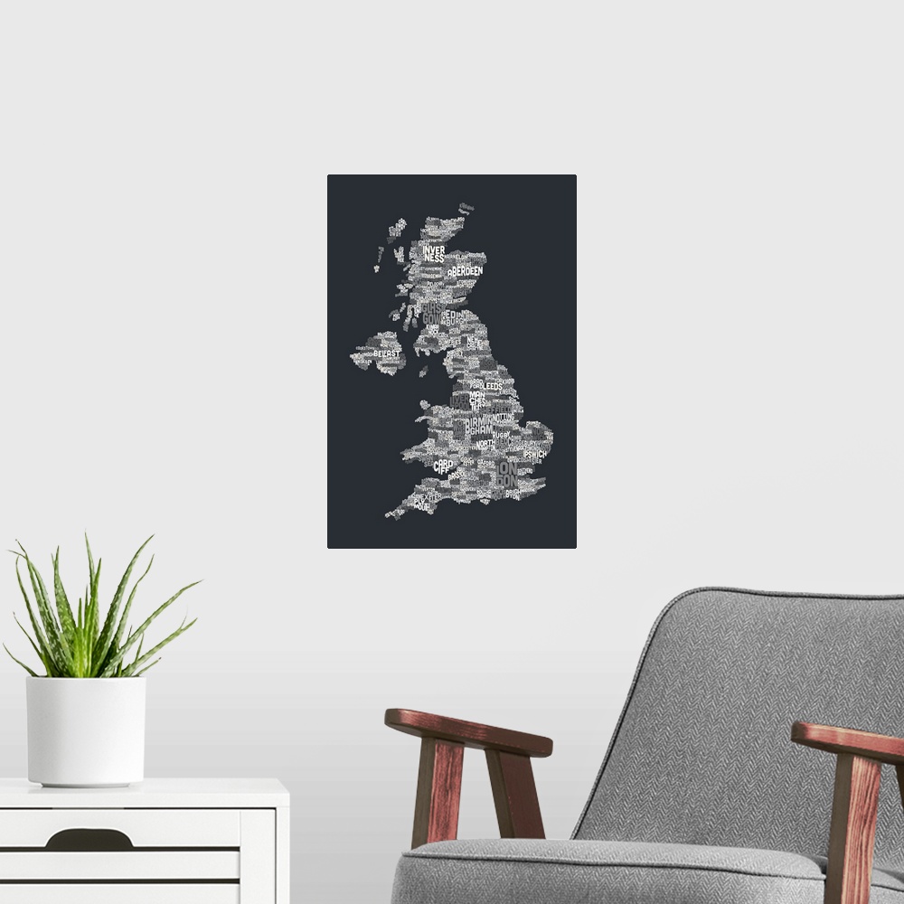A modern room featuring Great Britain UK City Text Map, Grayscale