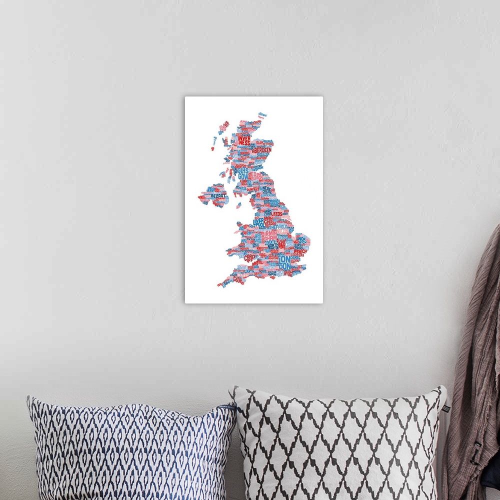 A bohemian room featuring Great Britain UK City Text Map, White Background