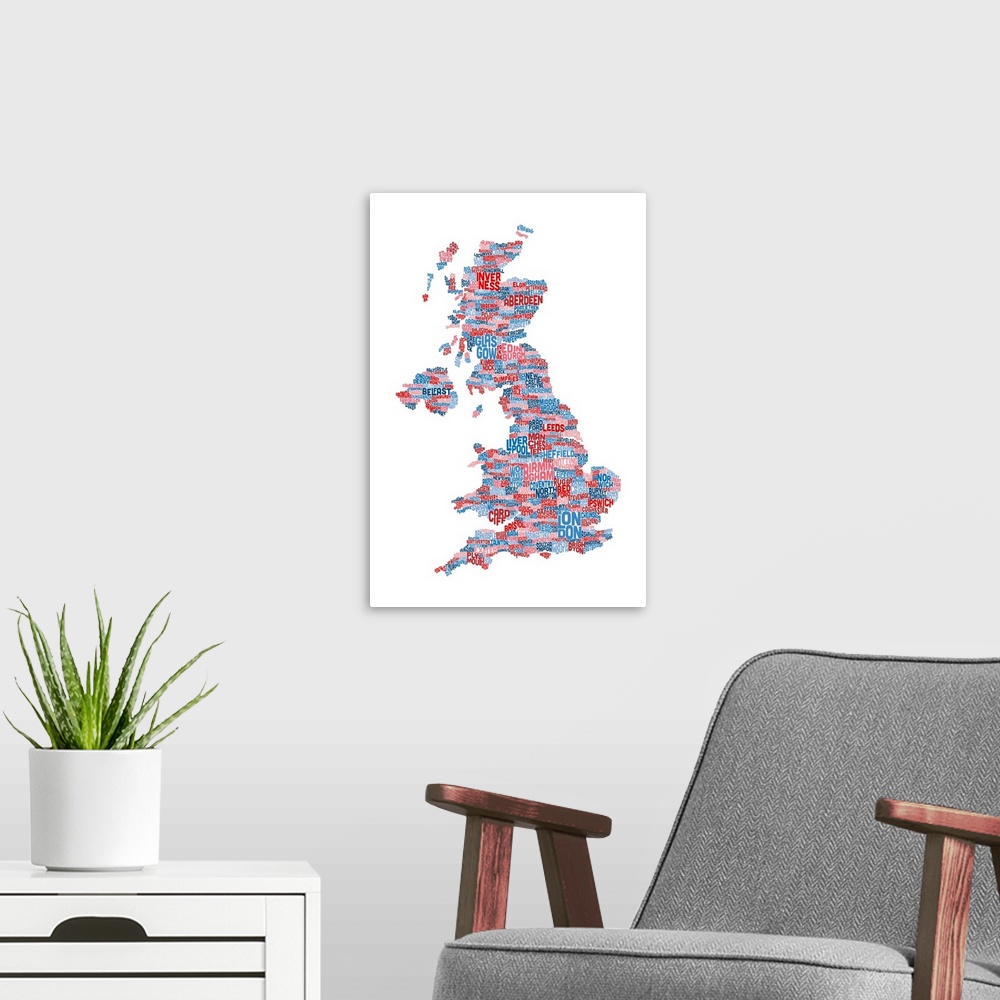 A modern room featuring Great Britain UK City Text Map, White Background