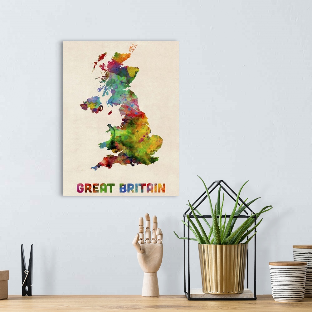 A bohemian room featuring Great Britain Watercolor Map
