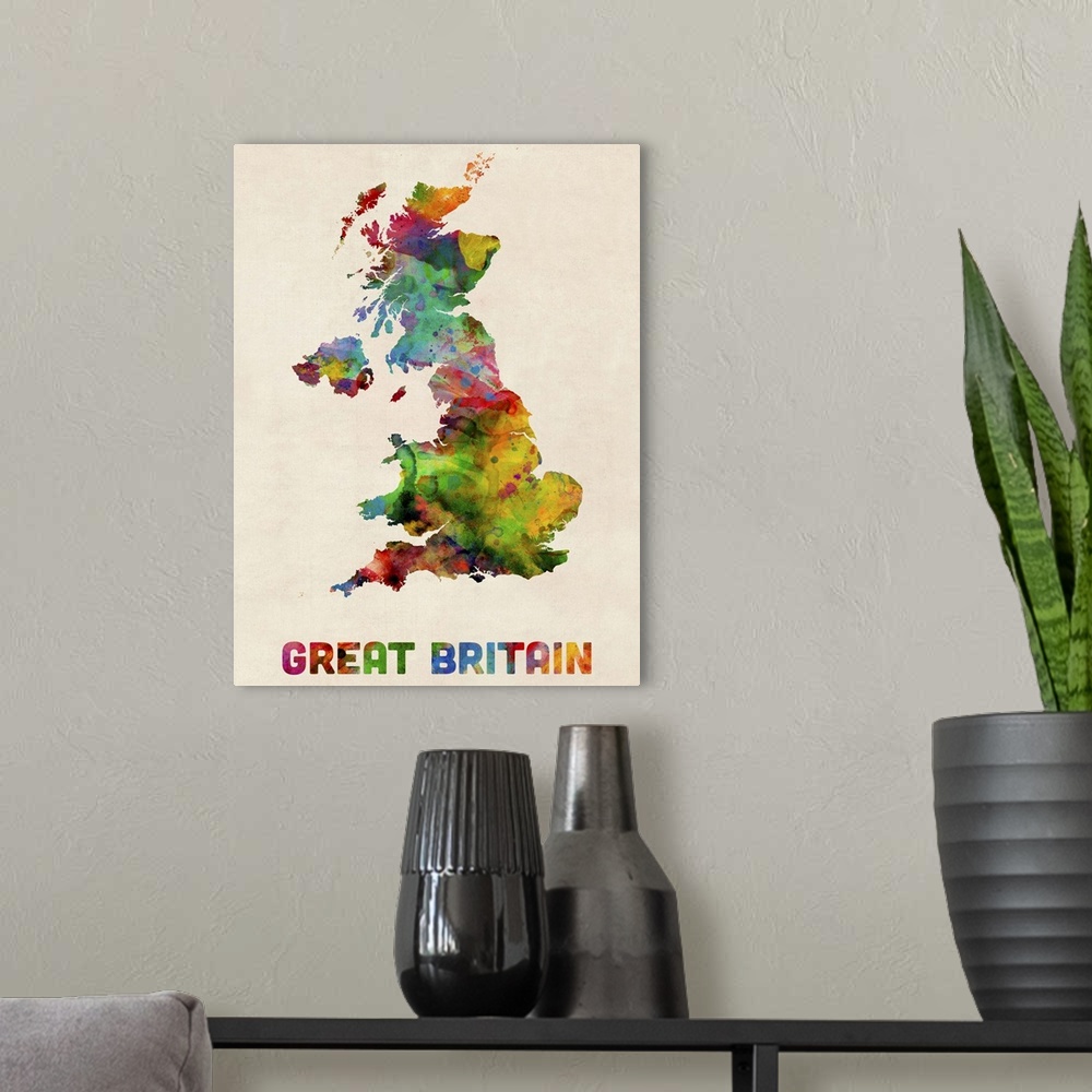 A modern room featuring Great Britain Watercolor Map