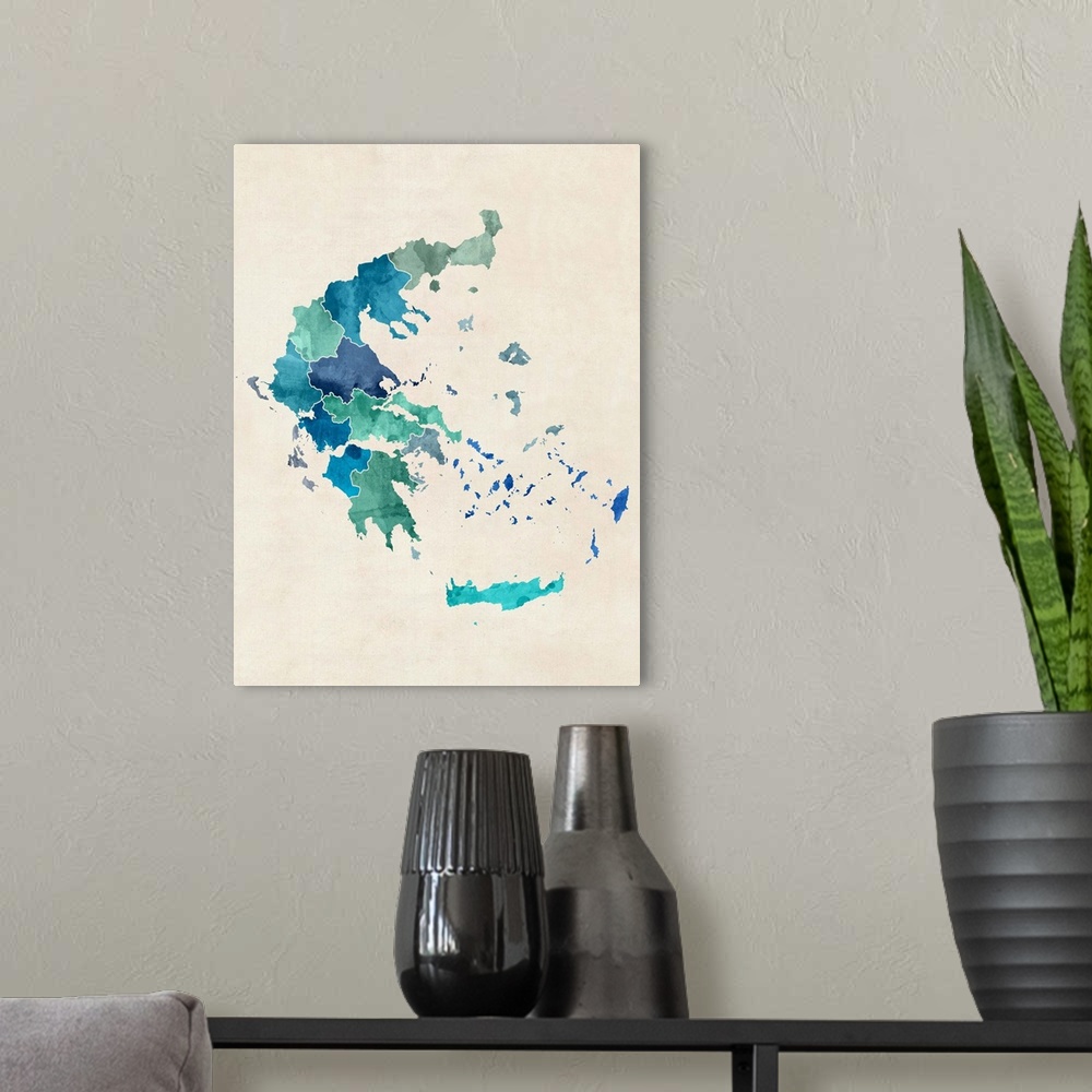 A modern room featuring A watercolor map of Greece
