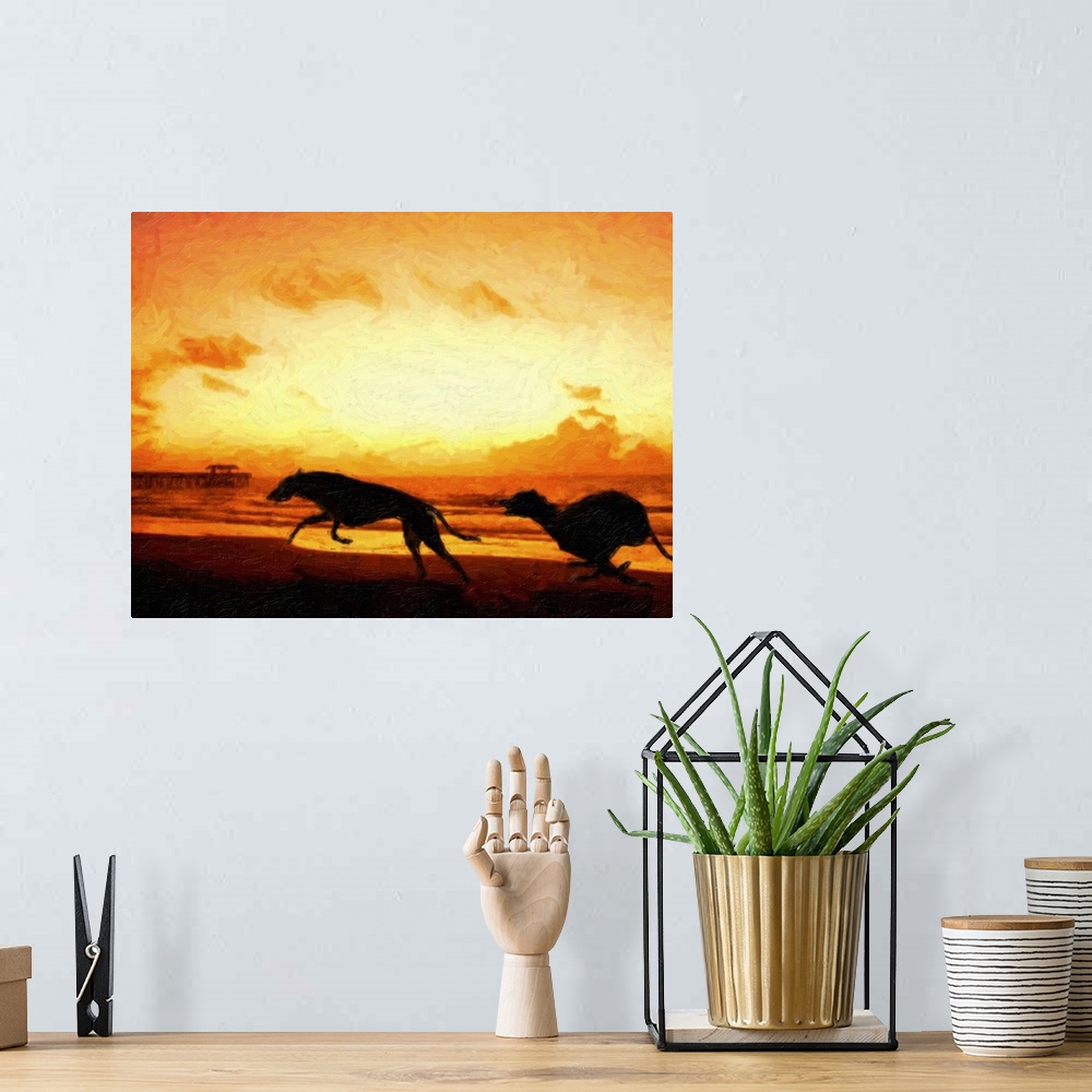 A bohemian room featuring Greyhounds on Beach at Sunset, oil painting