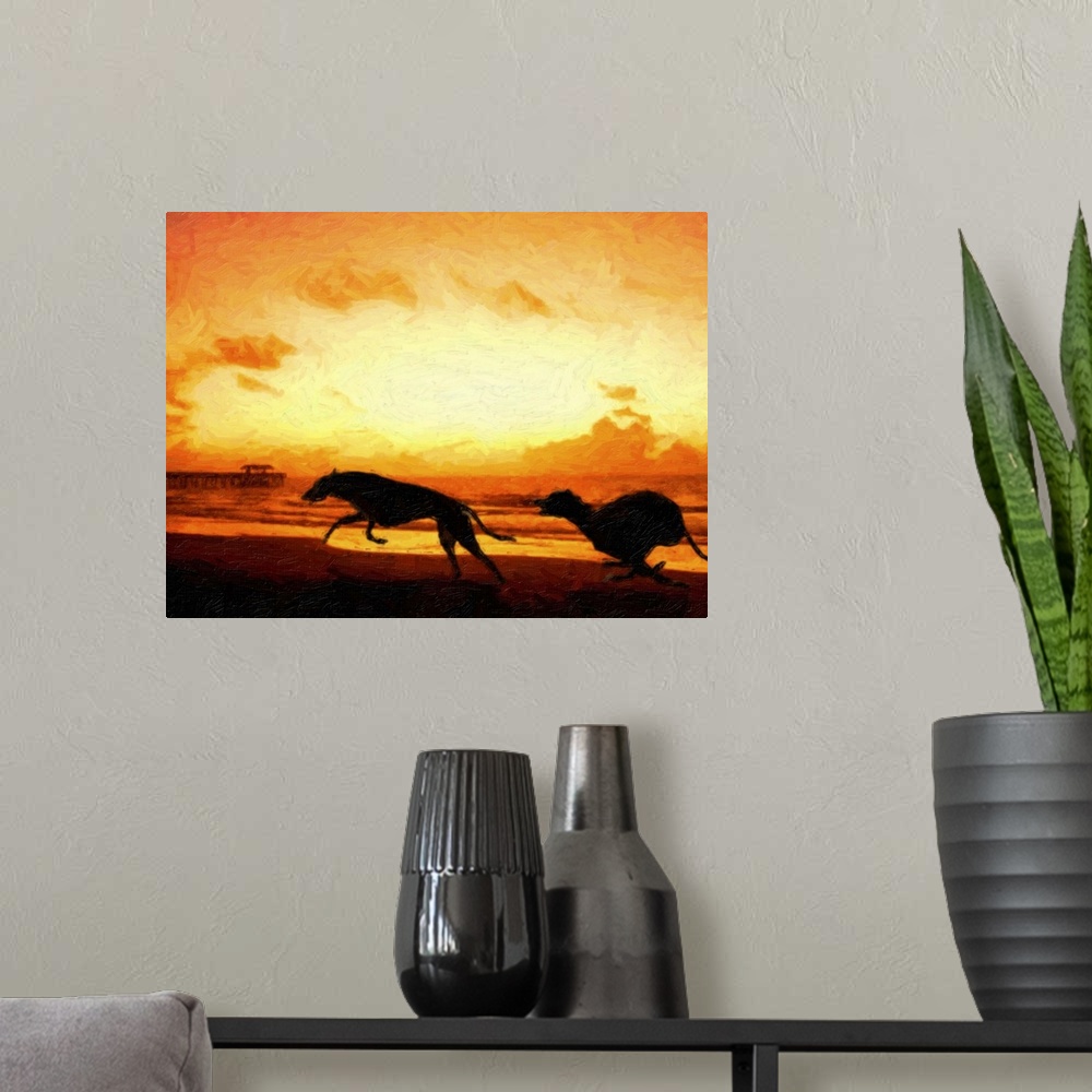 A modern room featuring Greyhounds on Beach at Sunset, oil painting