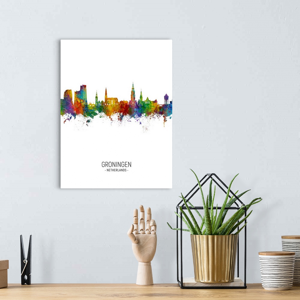 A bohemian room featuring Watercolor art print of the skyline of Groningen, The Netherlands