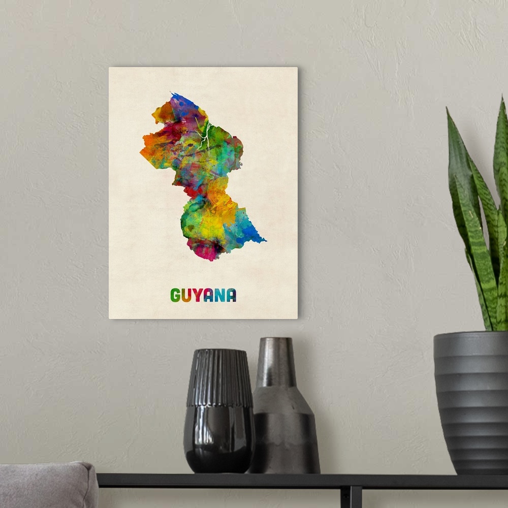 A modern room featuring Watercolor art map of the country Guyana against a weathered beige background.