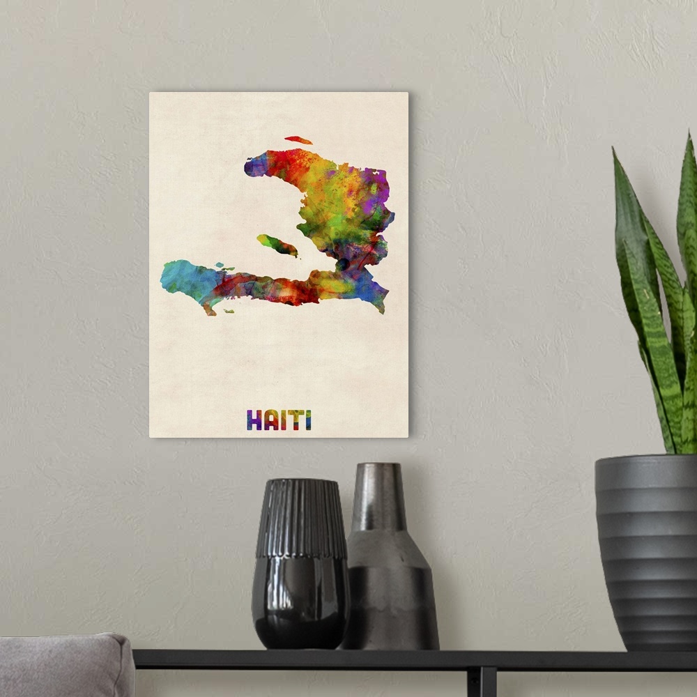 A modern room featuring Colorful watercolor art map of Haiti against a distressed background.