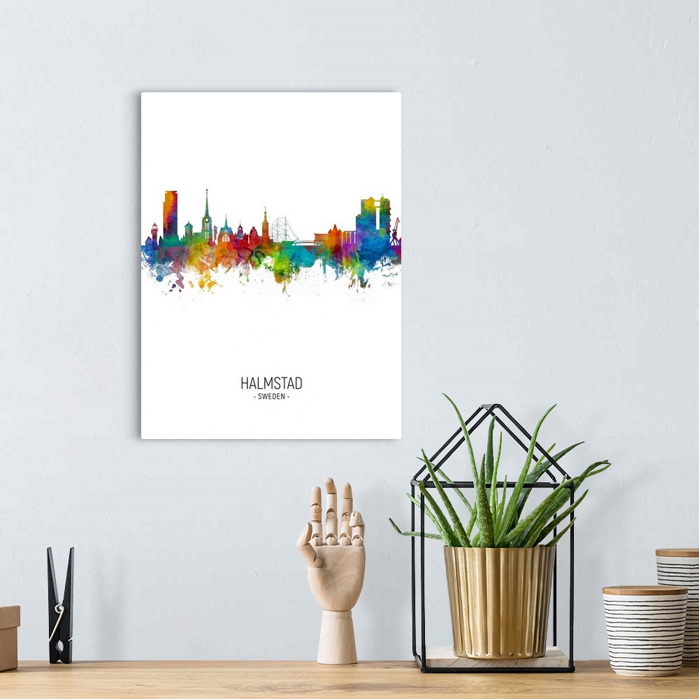 A bohemian room featuring Watercolor art print of the skyline of Halmstad, Sweden (Sverige)