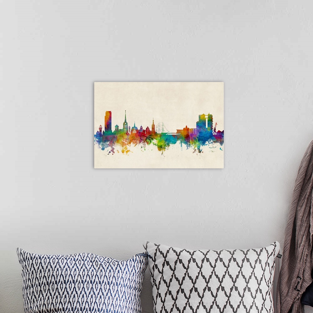 A bohemian room featuring Watercolor art print of the skyline of Halmstad, Sweden (Sverige).