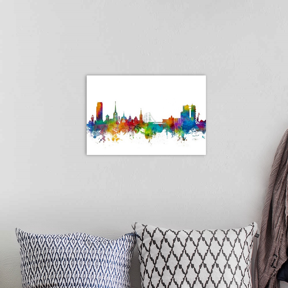 A bohemian room featuring Watercolor art print of the skyline of Halmstad, Sweden (Sverige).