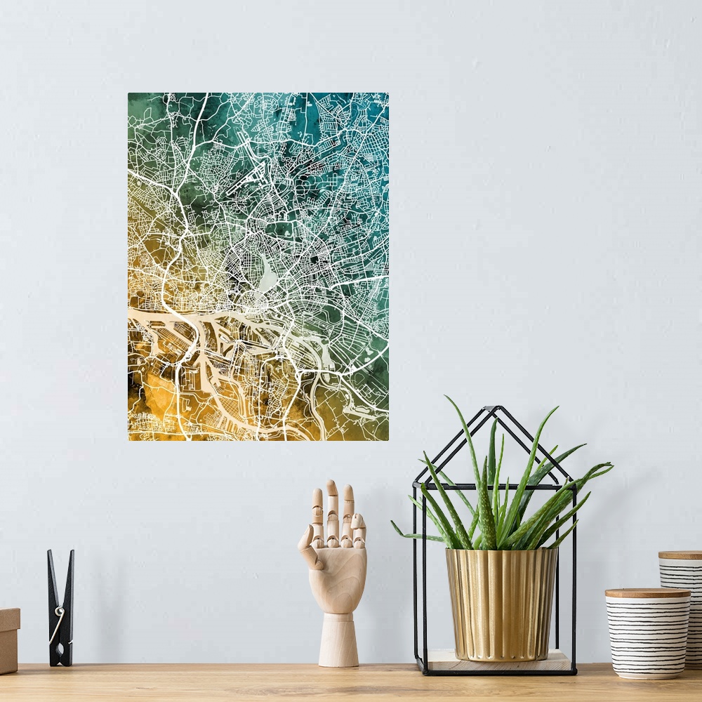 A bohemian room featuring Watercolor street map of Hamburg, Germany