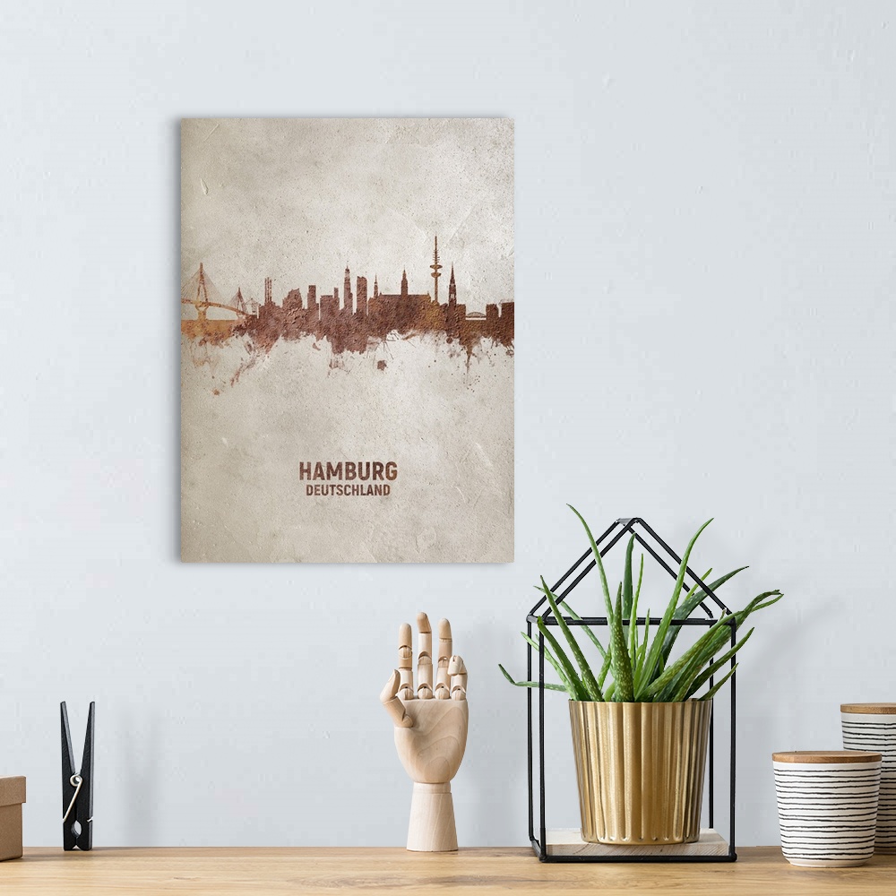 A bohemian room featuring Art print of the skyline of Hamburg, Germany. Rust on concrete.