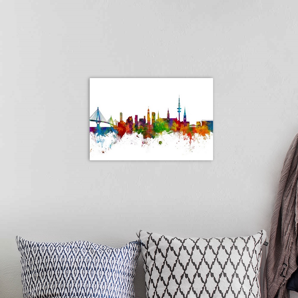 A bohemian room featuring Watercolor art print of the skyline of Hamburg, Germany