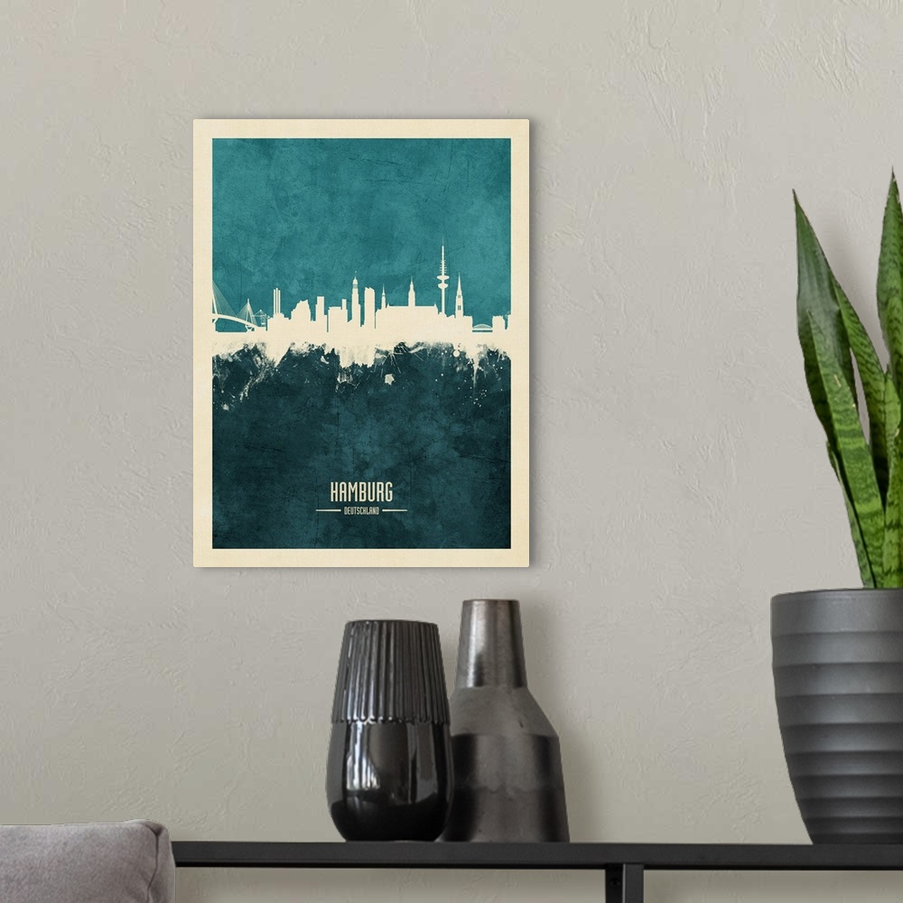 A modern room featuring Watercolor art print of the skyline of Hamburg, Germany.