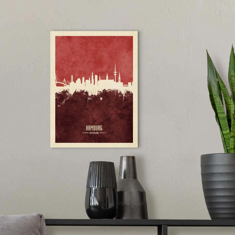 A modern room featuring Watercolor art print of the skyline of Hamburg, Germany.