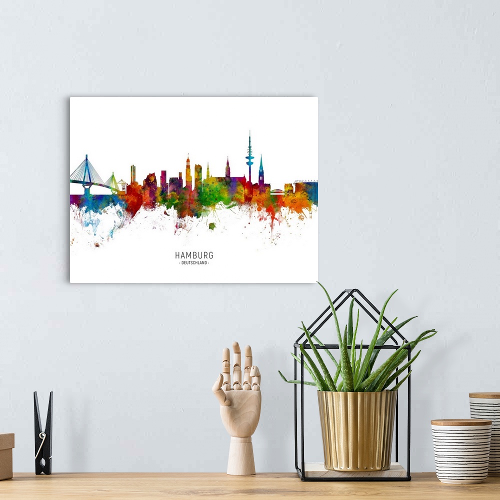 A bohemian room featuring Watercolor art print of the skyline of Hamburg, Germany.