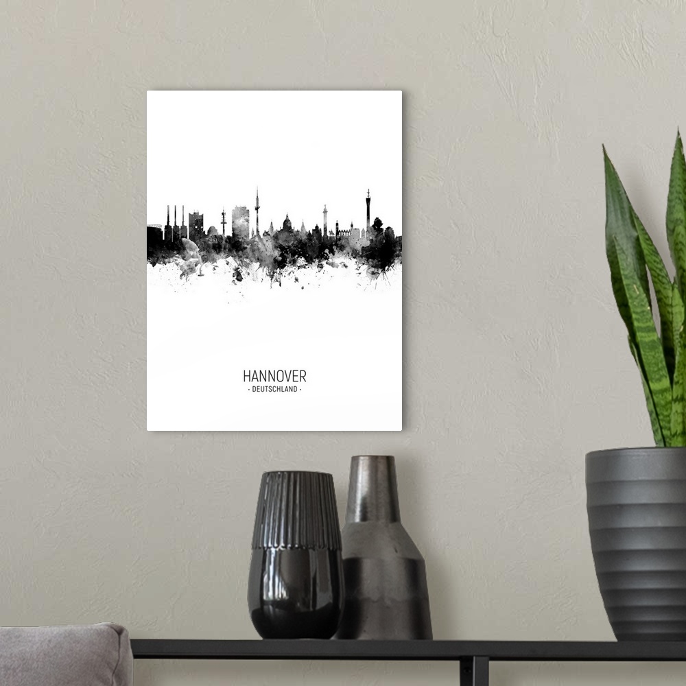 A modern room featuring Watercolor art print of the skyline of Hannover, Germany