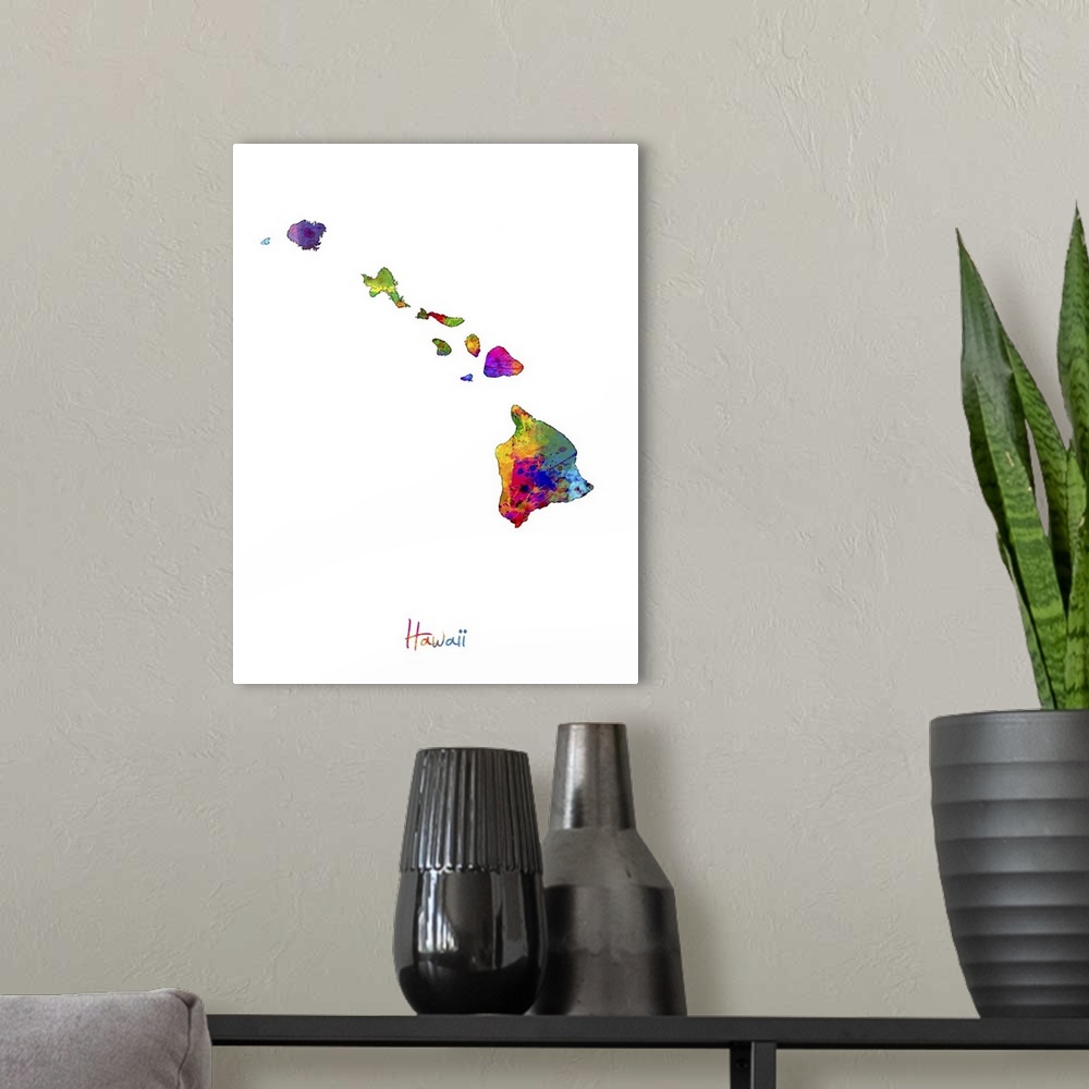 A modern room featuring Contemporary artwork of a map of Hawaii made of colorful paint splashes.