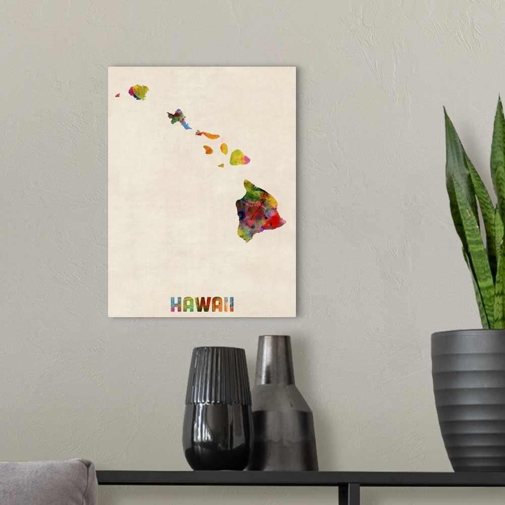 A modern room featuring Contemporary piece of artwork of a map of Hawaii made up of watercolor splashes.