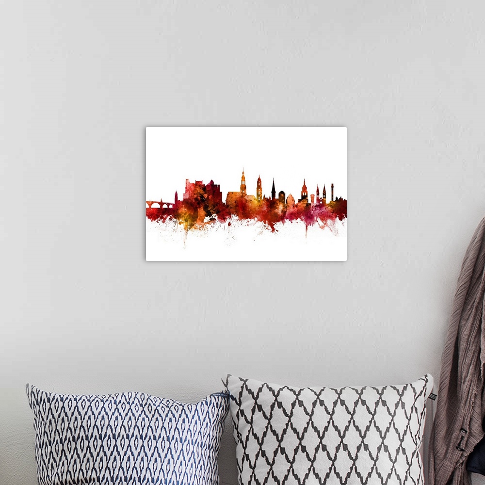 A bohemian room featuring Watercolor art print of the skyline of Heidelberg, Germany.