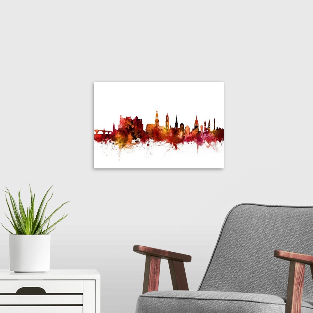 A modern room featuring Watercolor art print of the skyline of Heidelberg, Germany.