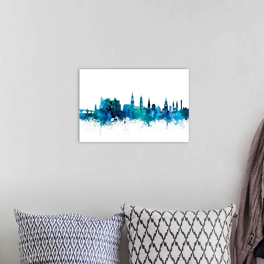 A bohemian room featuring Watercolor art print of the skyline of Heidelberg, Germany.