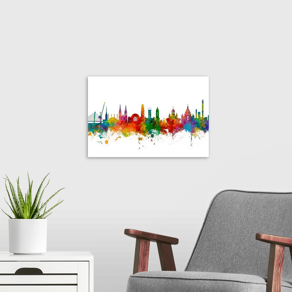 A modern room featuring Watercolor art print of the skyline of Helsinki, Finland.