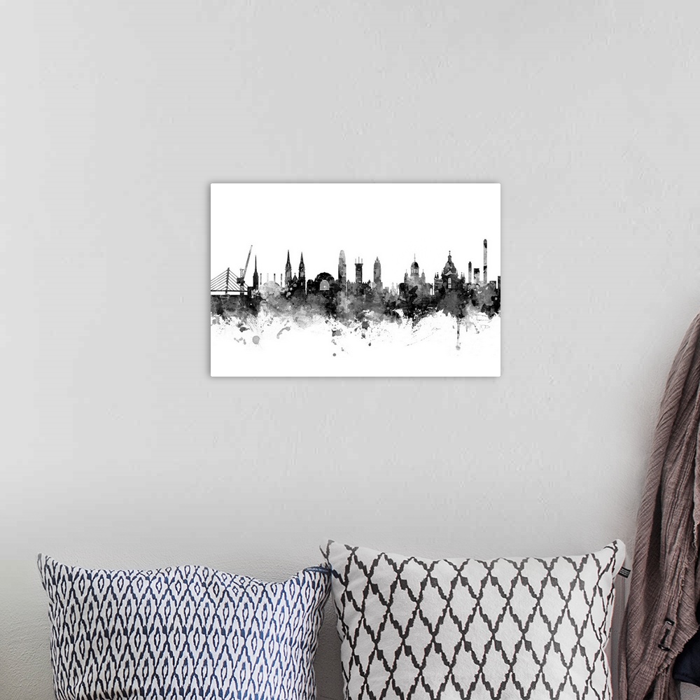 A bohemian room featuring Watercolor art print of the skyline of Helsinki, Finland.