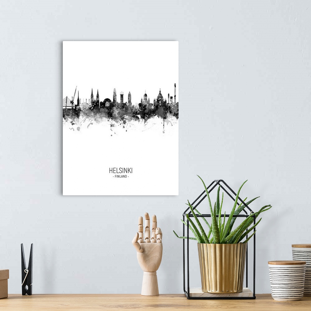 A bohemian room featuring Watercolor art print of the skyline of Helsinki, Finland