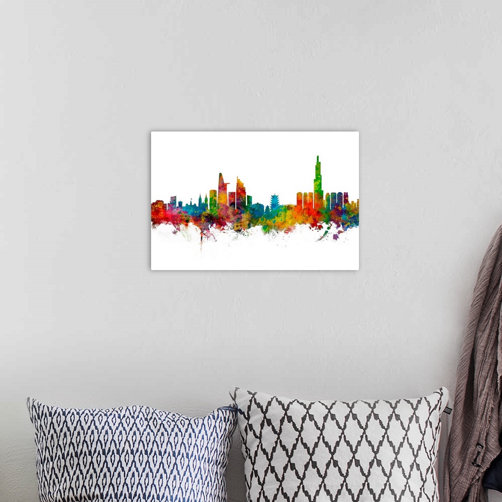 A bohemian room featuring Watercolor art print of the skyline of Ho Chi Minh City, Vietnam, United Kingdom.