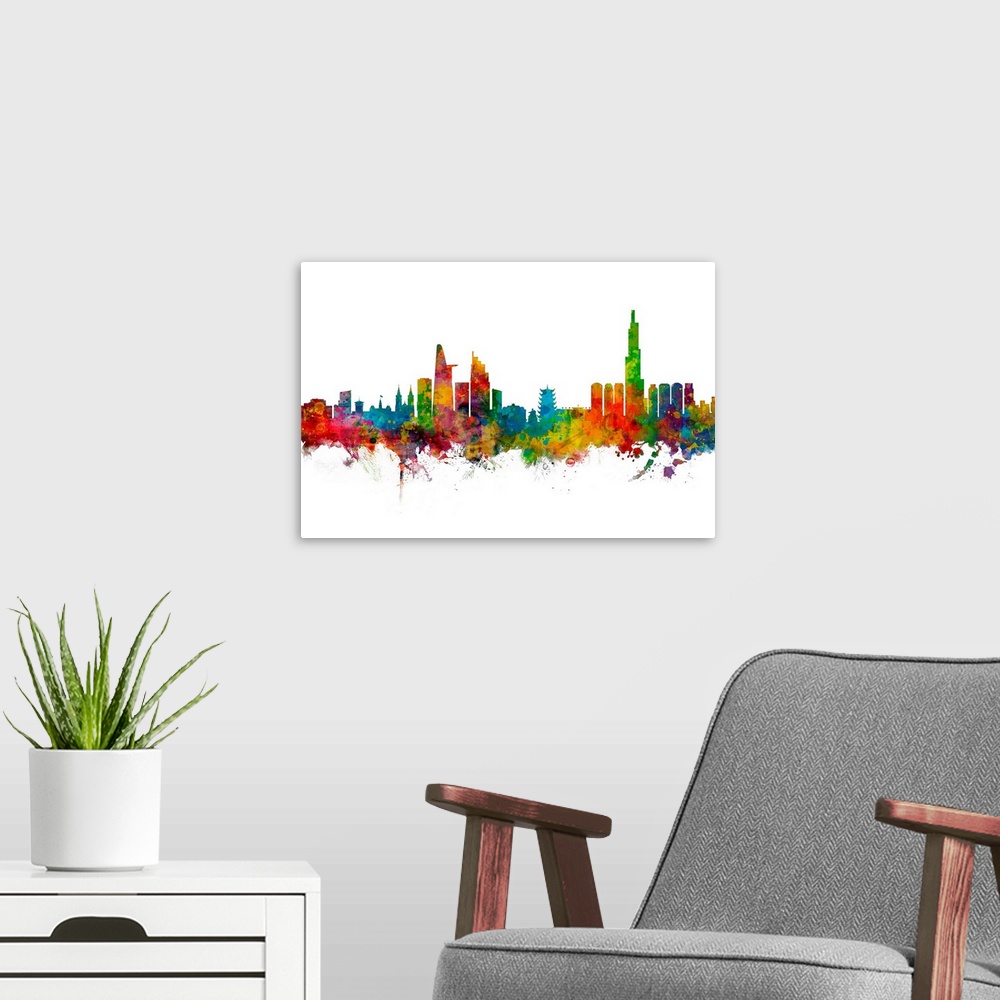 A modern room featuring Watercolor art print of the skyline of Ho Chi Minh City, Vietnam, United Kingdom.