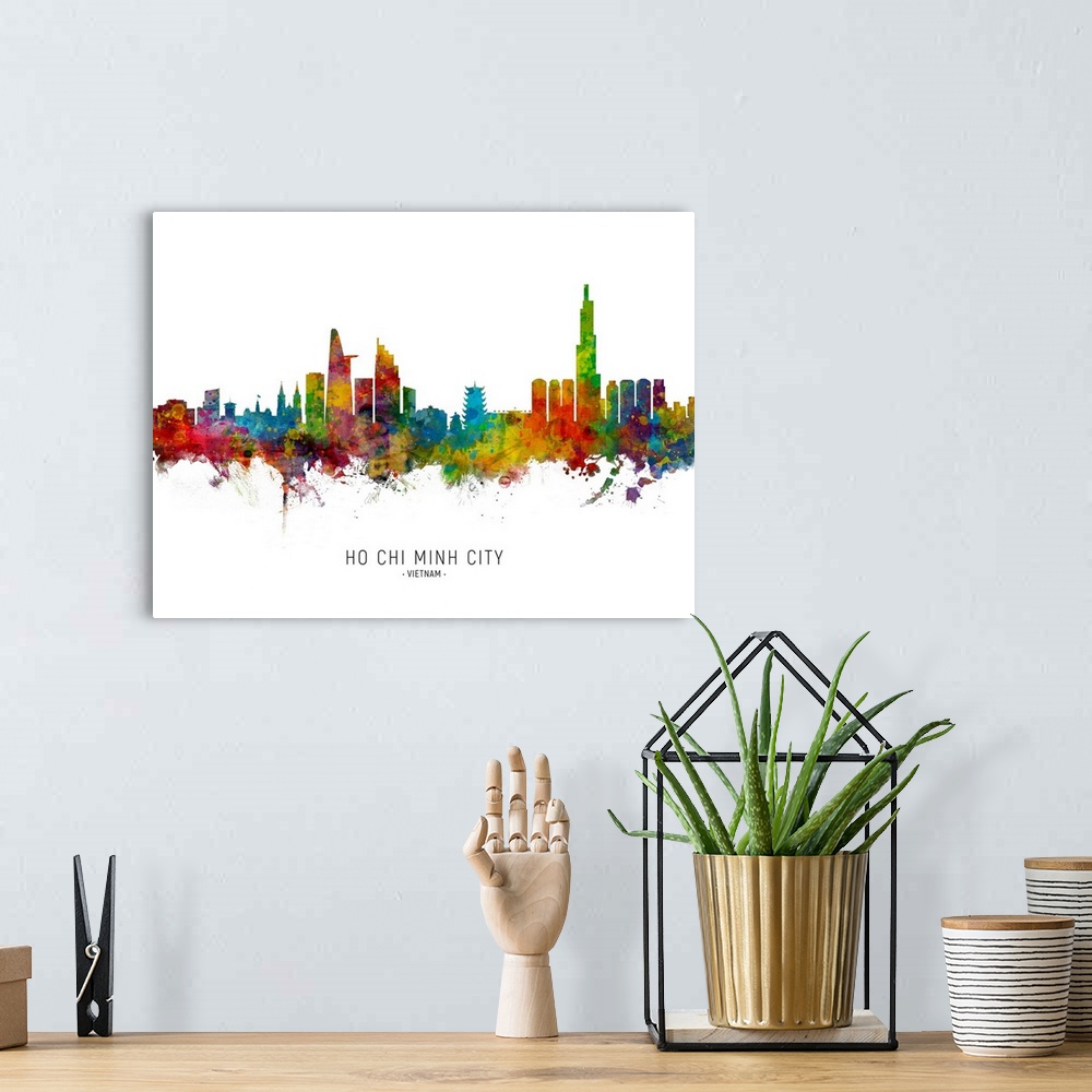 A bohemian room featuring Watercolor art print of the skyline of Ho Chi Minh City, Vietnam.