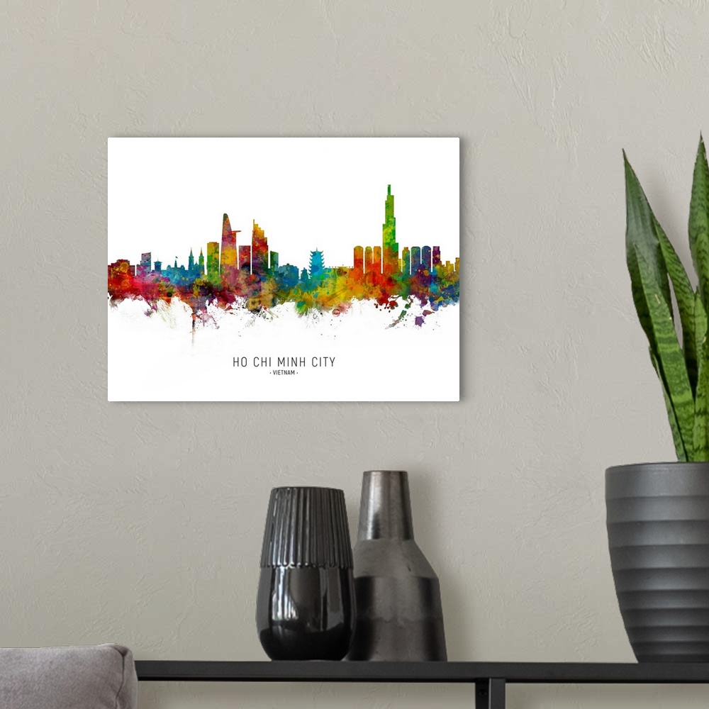 A modern room featuring Watercolor art print of the skyline of Ho Chi Minh City, Vietnam.
